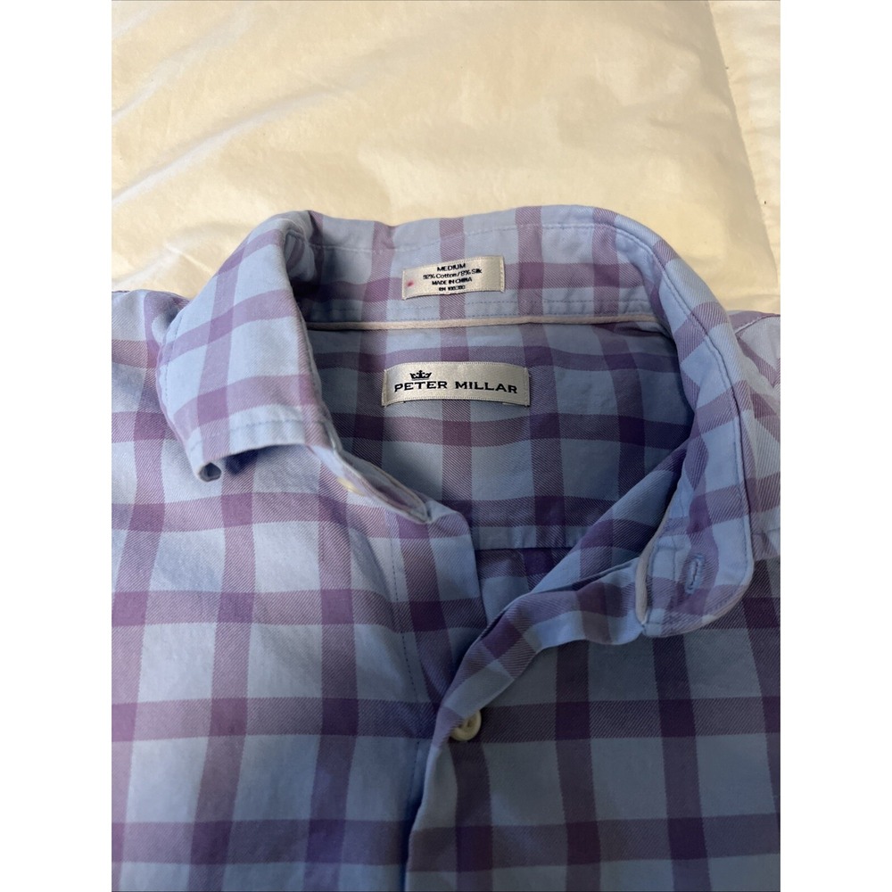 Peter Millar Flannel Shirt Mens MediumBlue Plaid Lightweight Casual Long Sleeve‎